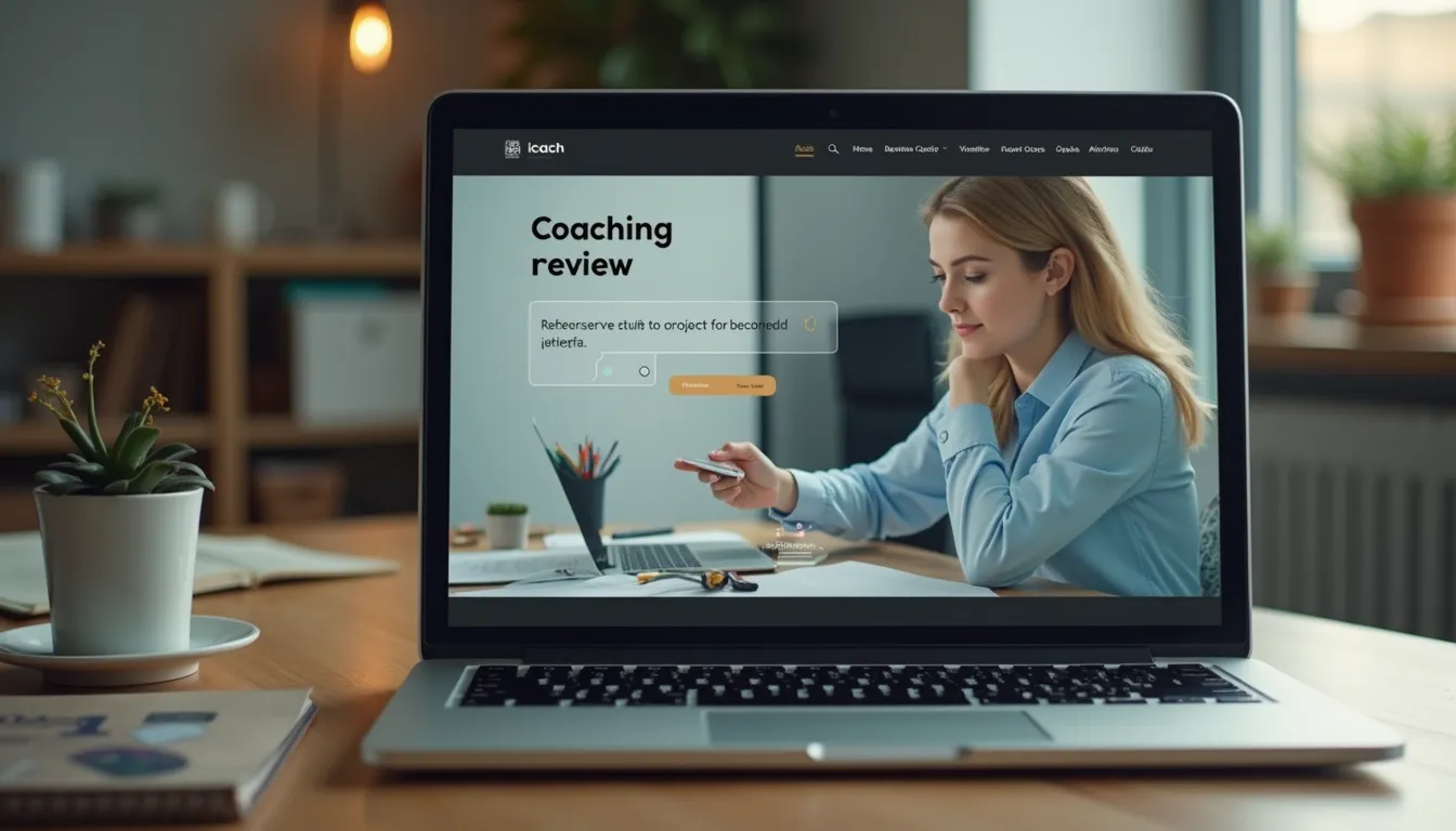 Eye-level view of a laptop screen showing coaching review website